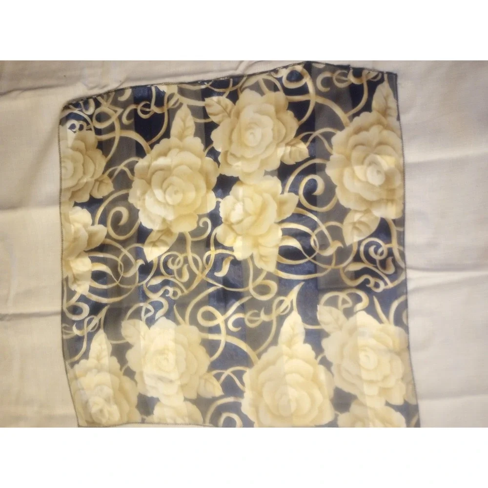 Vintage Royal Blue With Cream And‎ Gold Roses Square Scarf